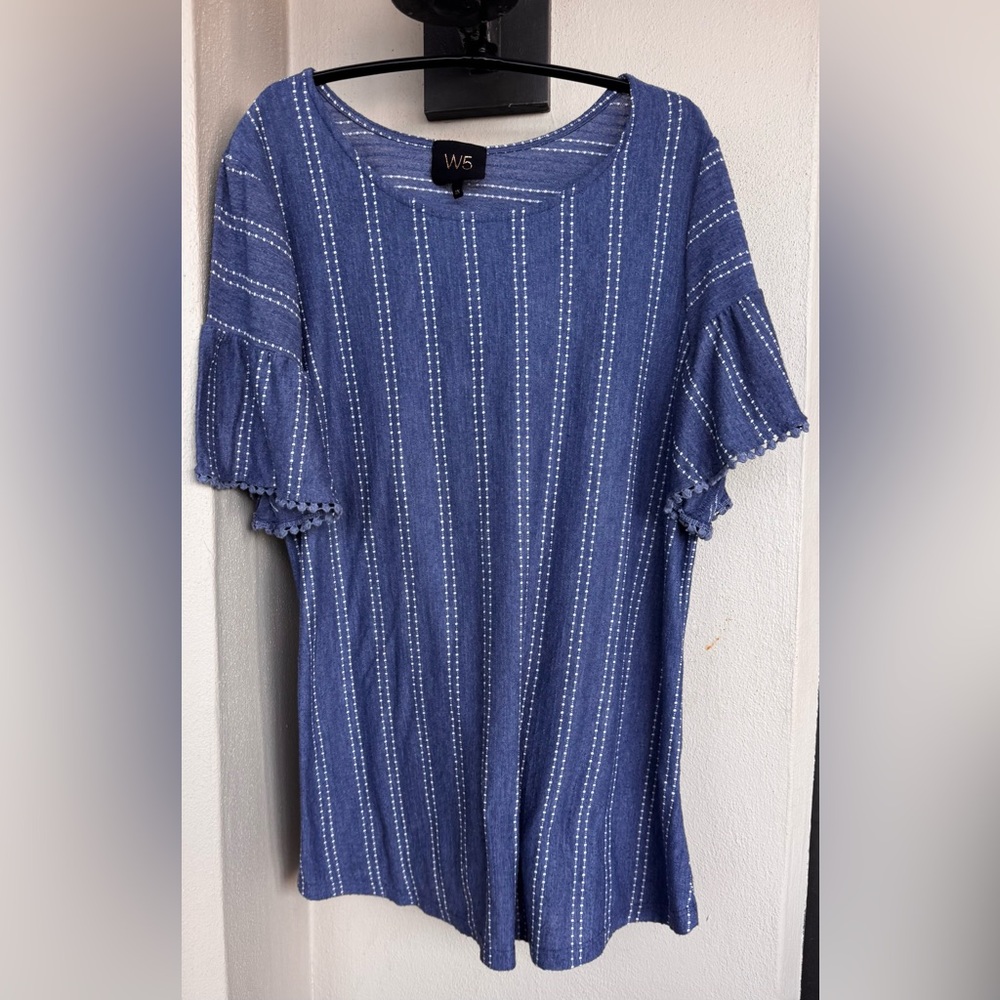 W5 Womans Top Blue Short Flutter Sleeve White Stripes Pullover Round Neckline 2X